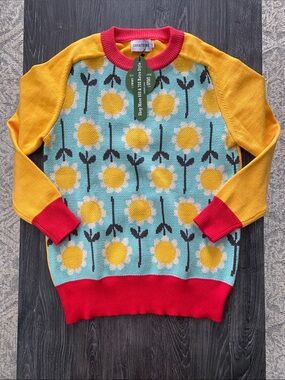 Oxknit Women's Floral Crewneck Sweater in Yellow & Teal